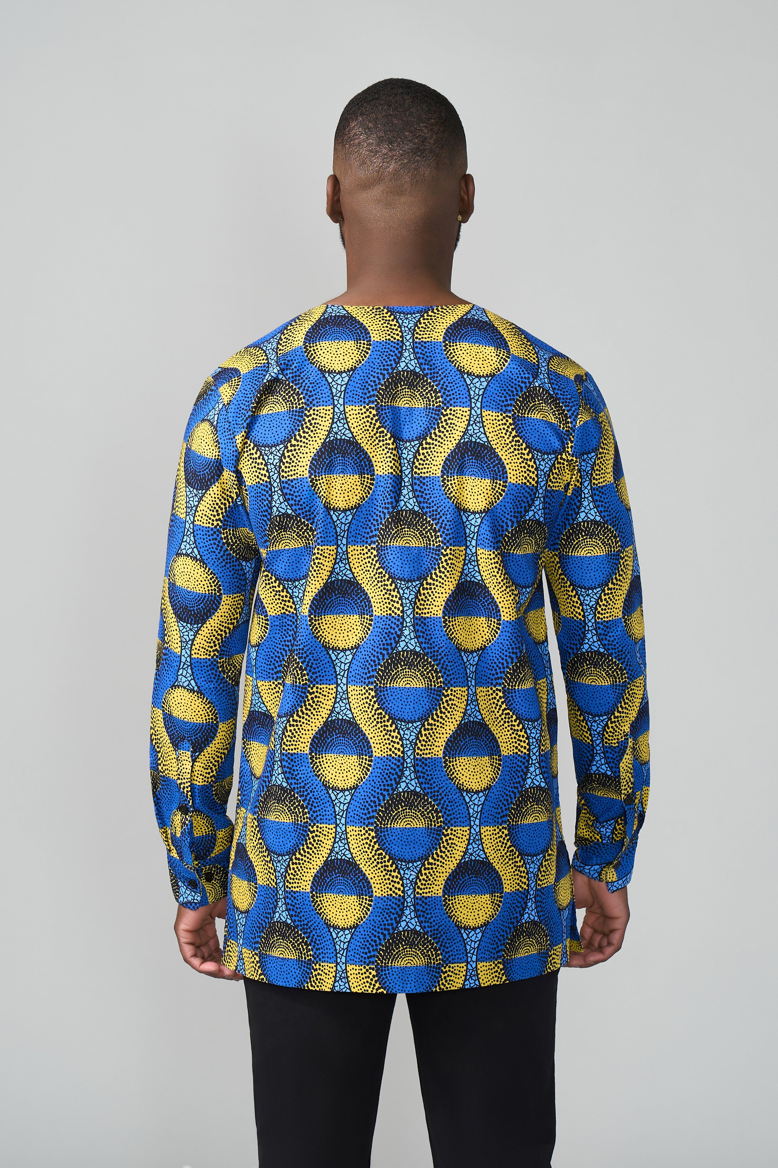 Ibrahim African Print Traditional Top (Blue Gold Circles)