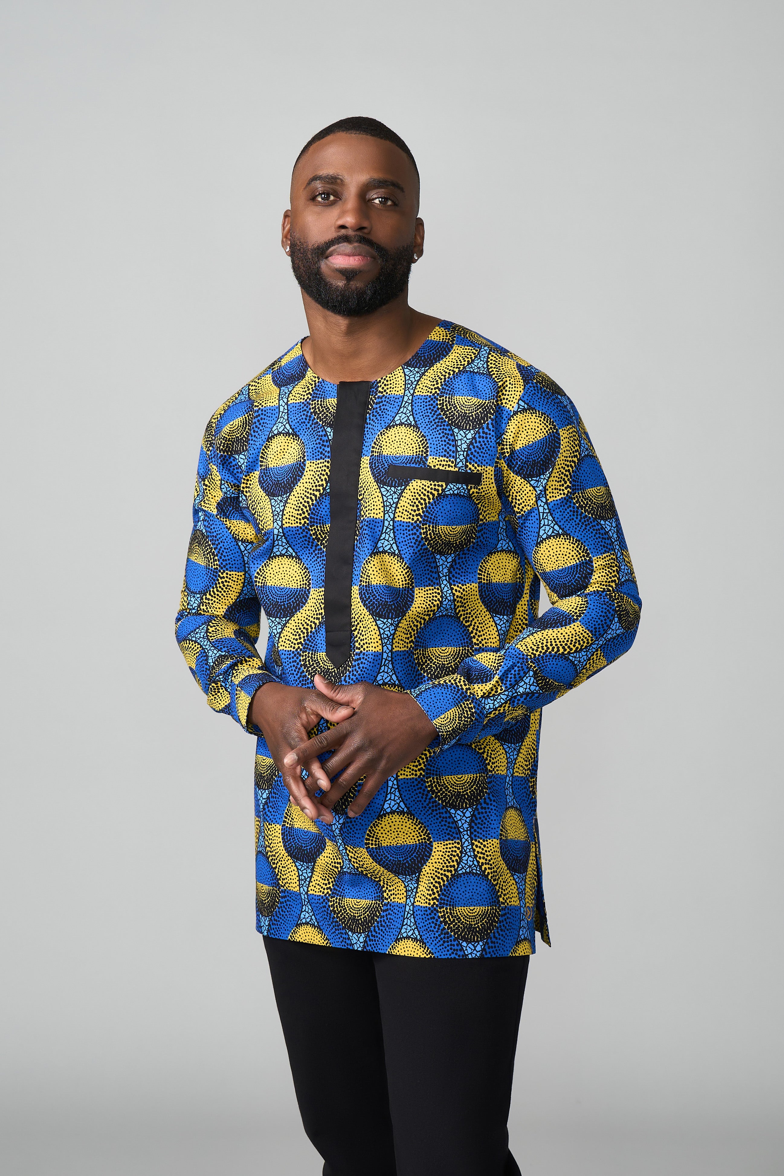 Ibrahim African Print Traditional Top (Blue Gold Circles)