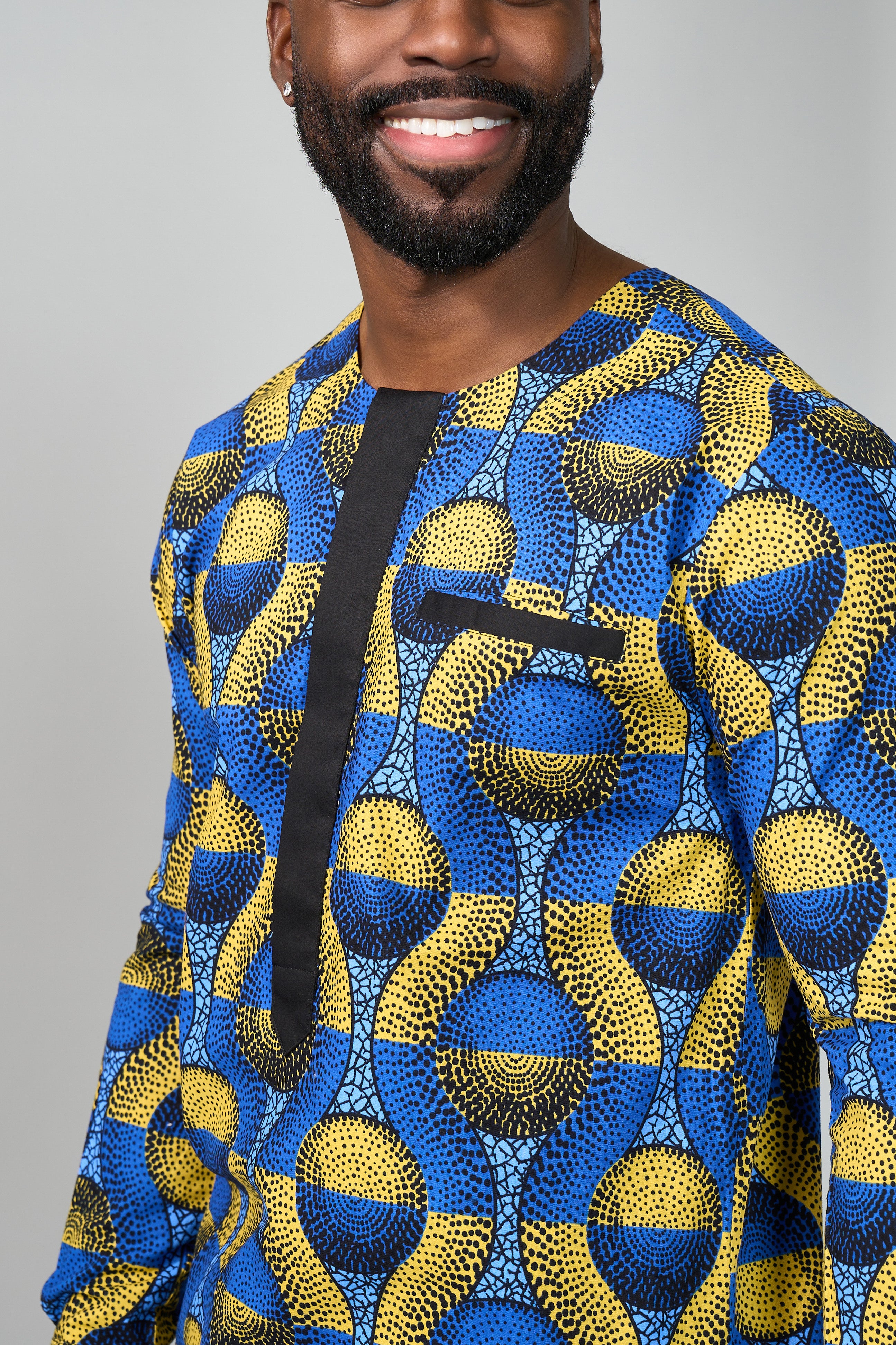 Ibrahim African Print Traditional Top (Blue Gold Circles)