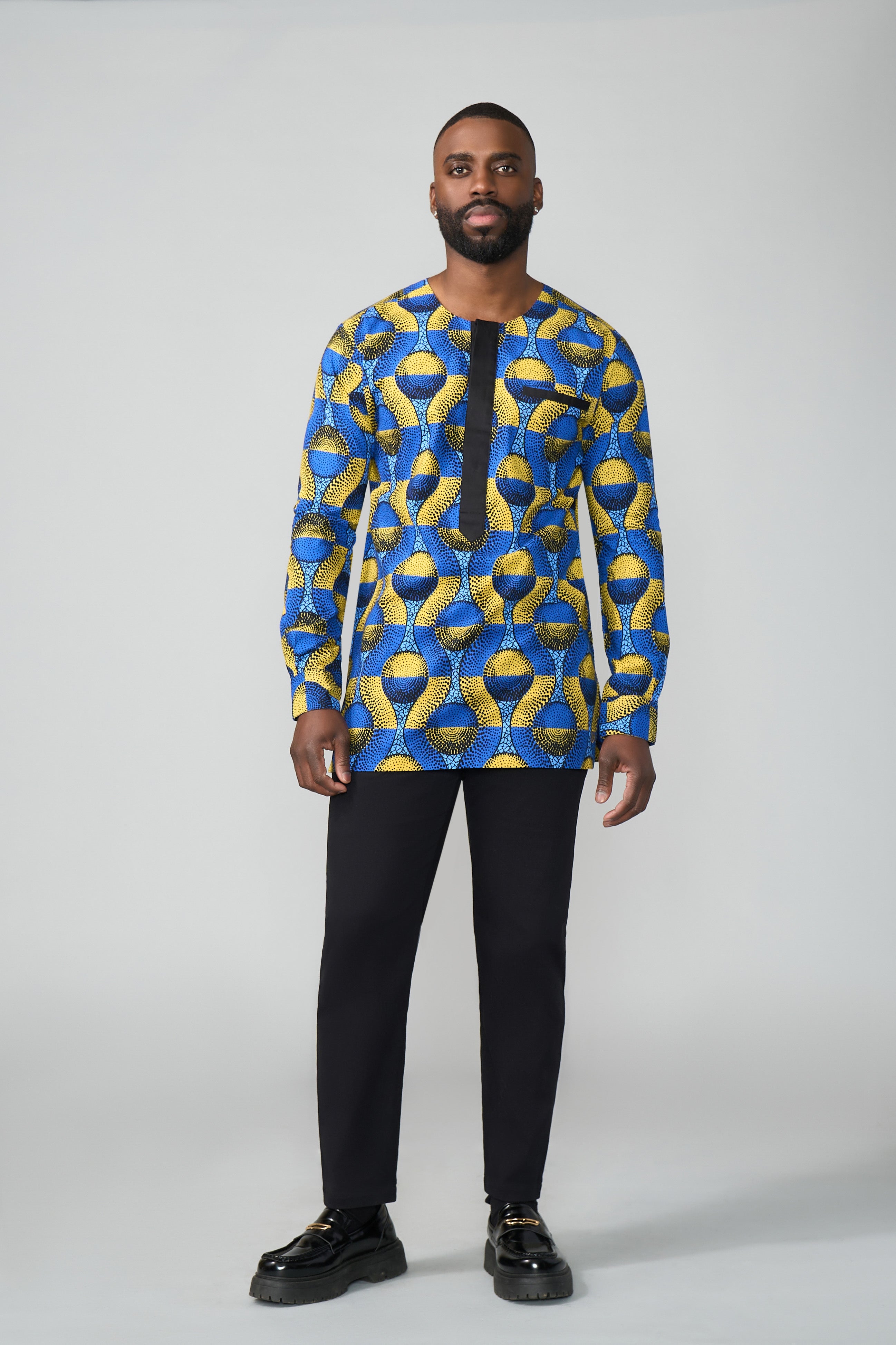 Ibrahim African Print Traditional Top (Blue Gold Circles)