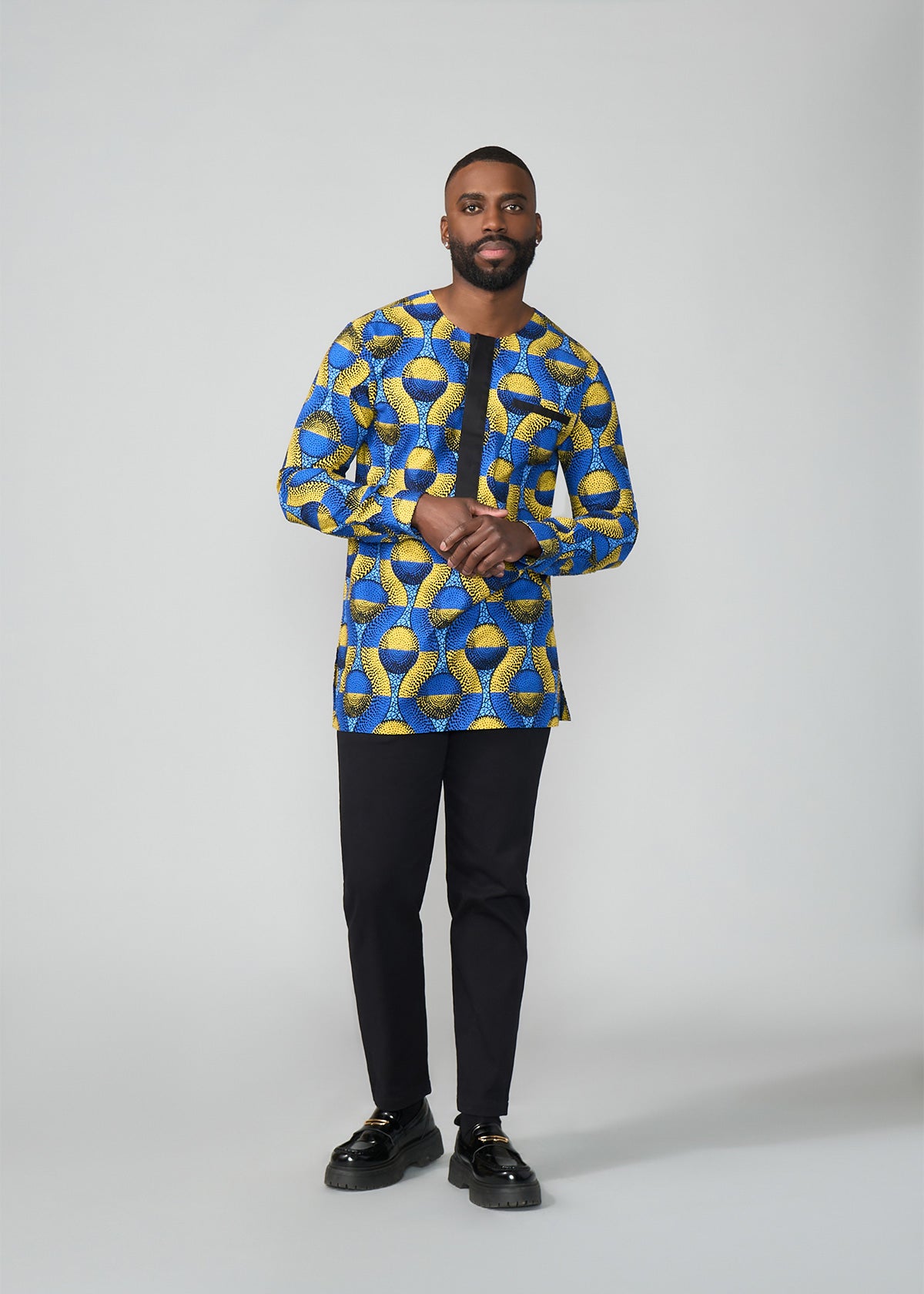 Ibrahim African Print Traditional Top (Blue Gold Circles)