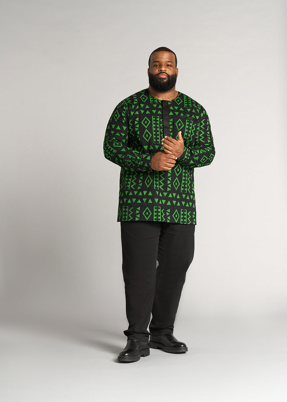 Ibrahim Men's African Print Traditional Shirt (Moss Black Geometric) - Clearance