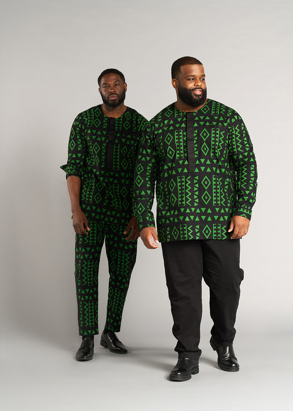 Ibrahim Men's African Print Traditional Shirt (Moss Black Geometric) - Clearance