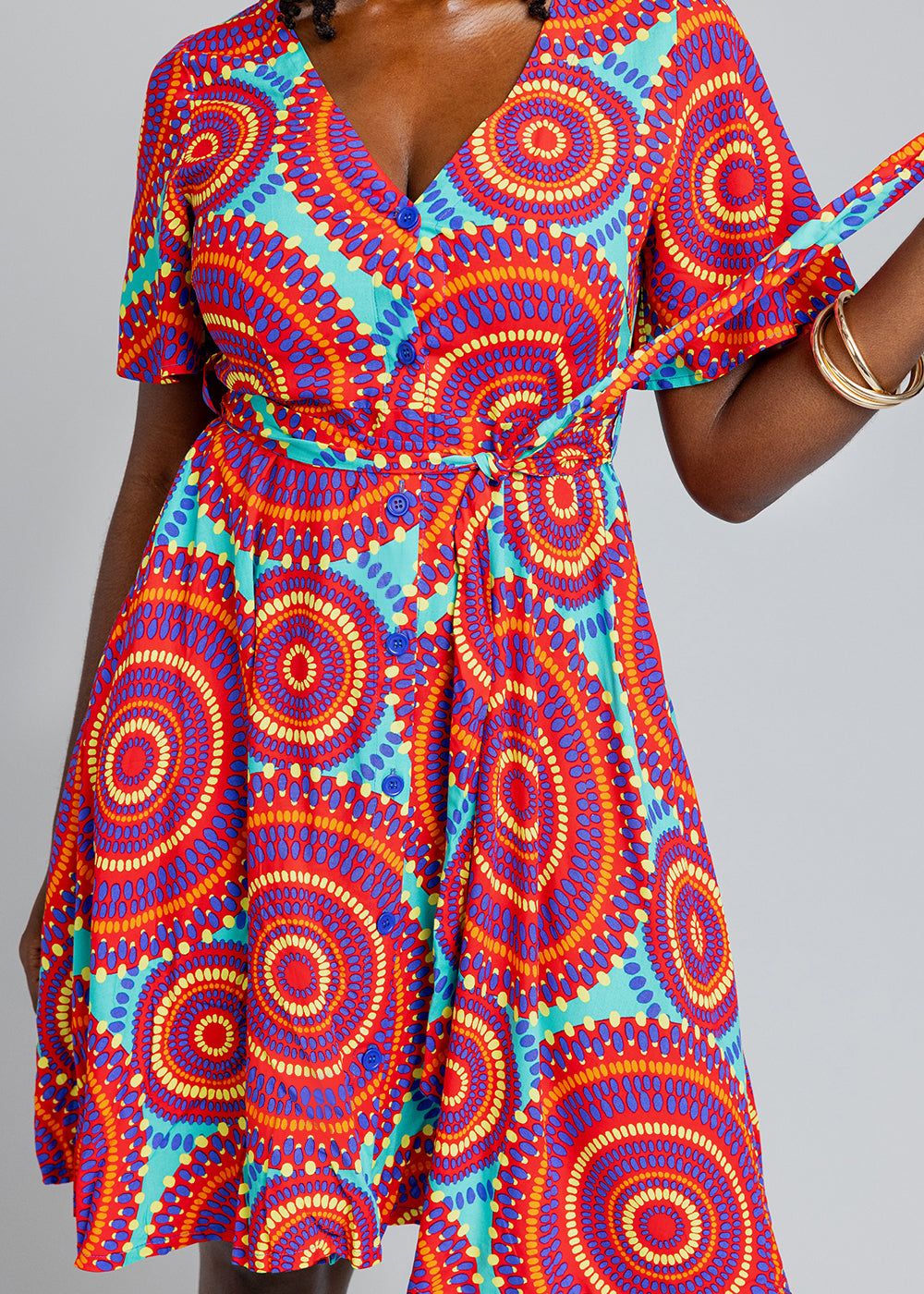 Ifaya Women's African Print Dress (Turquoise Red Circles) - Clearance