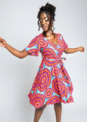 Ifaya Women's African Print Dress (Turquoise Red Circles) - Clearance