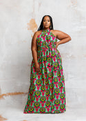 Ronke Women's African Print Maxi Dress (Green Pink Sunrise)-Clearance