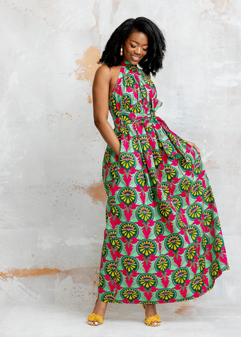 Ronke Women's African Print Maxi Dress (Green Pink Sunrise)-Clearance