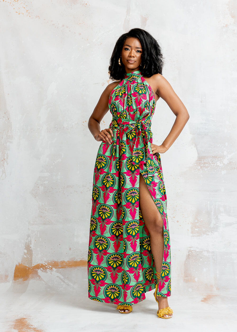 Ronke Women's African Print Maxi Dress (Green Pink Sunrise)-Clearance