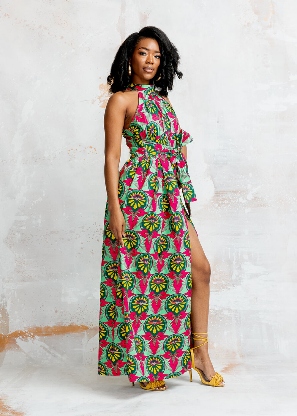 Ronke Women's African Print Maxi Dress (Green Pink Sunrise)-Clearance