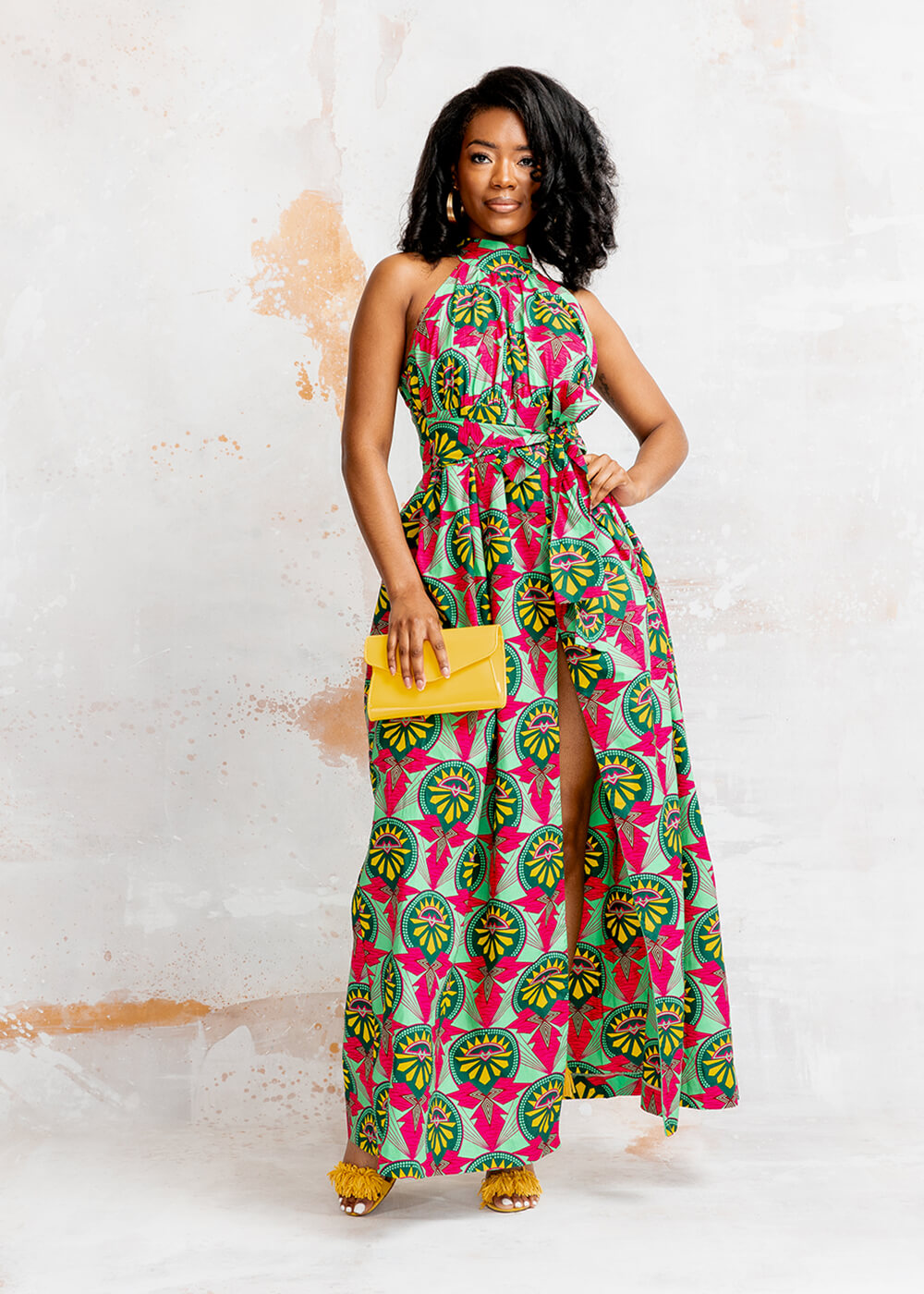 Ronke Women's African Print Maxi Dress (Green Pink Sunrise)-Clearance