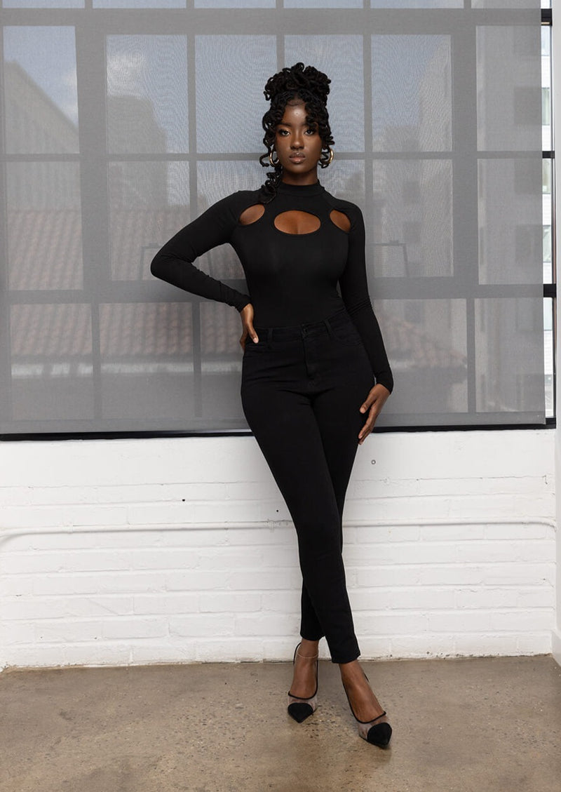 Black Long Sleeves V-Neck Bodysuit W/ Sheer Skirt