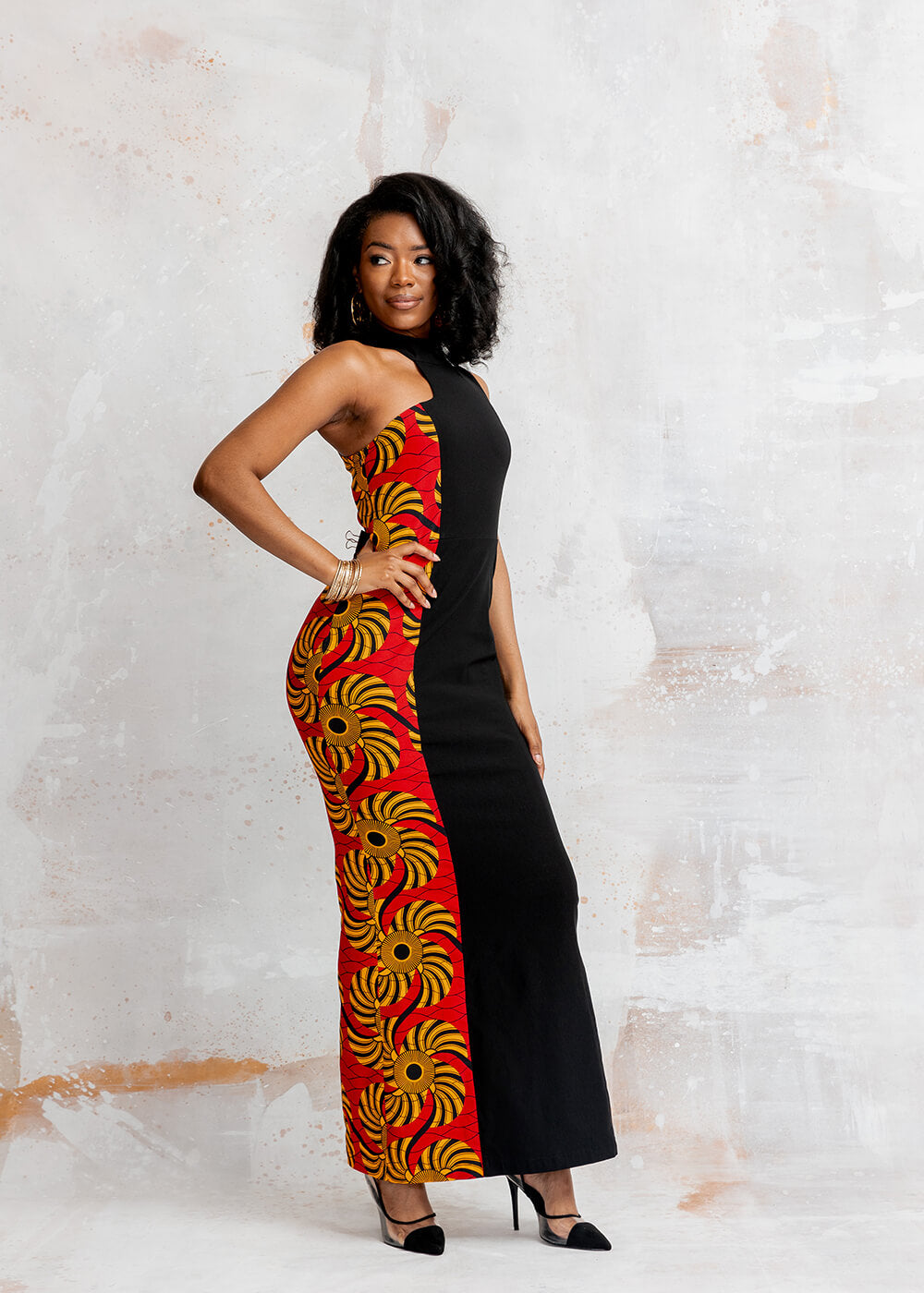 Jalia Women's African Print Stretch Gown (Black/Yellow Red Swirls)