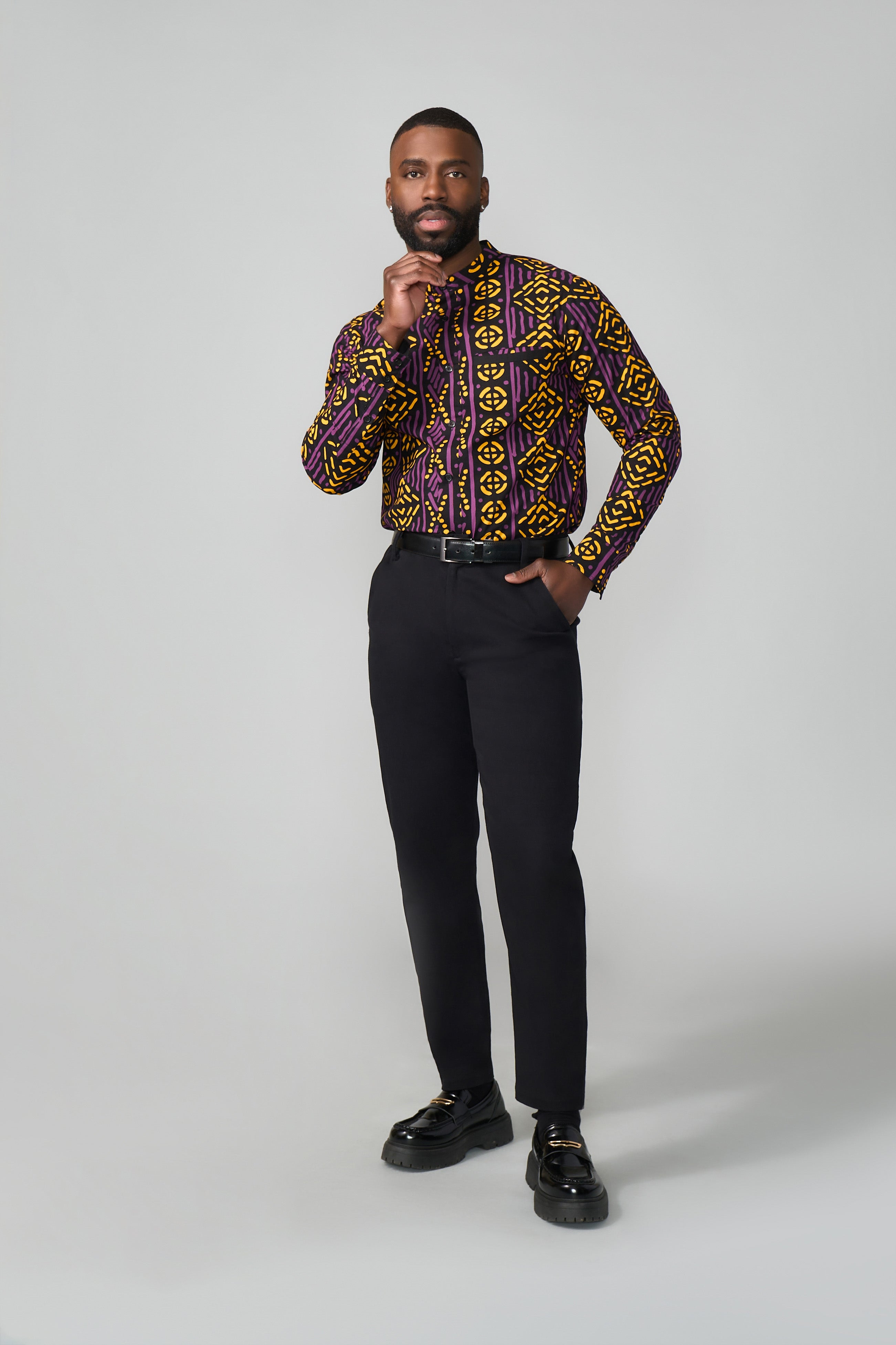 Jamal Men's African Print Mandarin Shirt (Gold Purple Mudcloth)