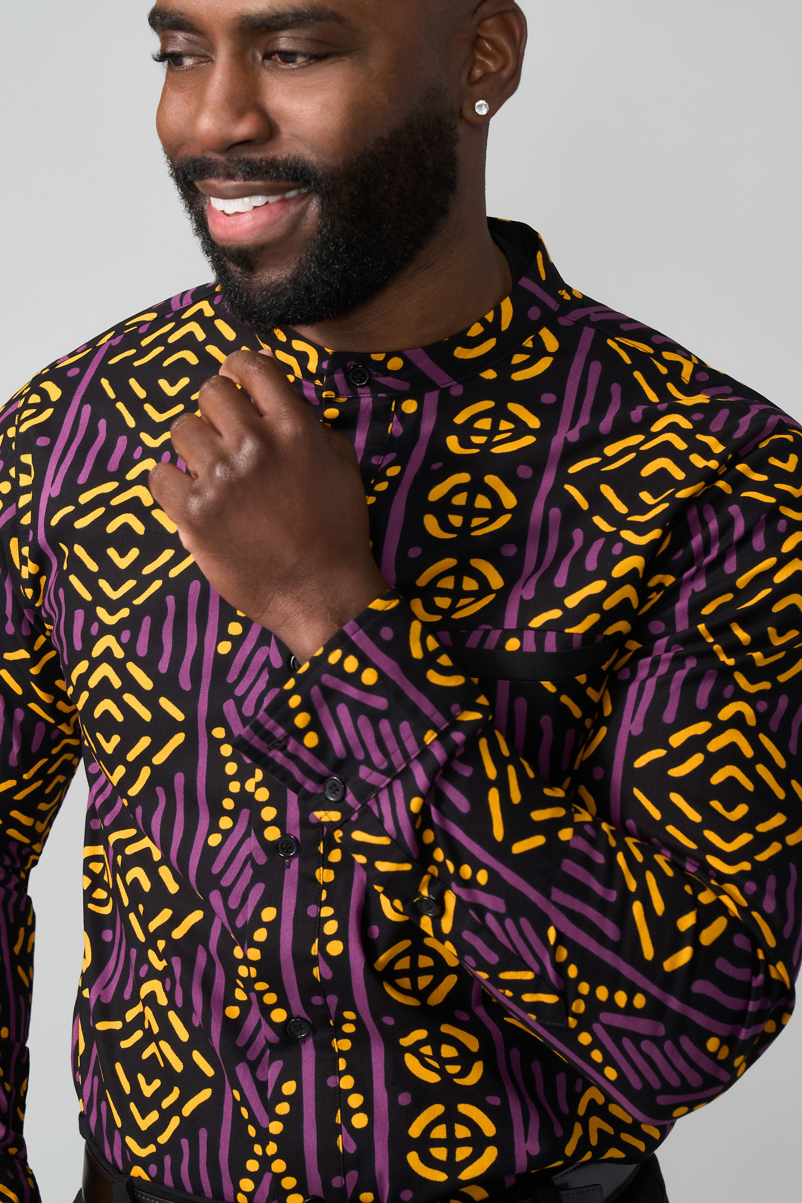 Jamal Men's African Print Mandarin Shirt (Gold Purple Mudcloth)