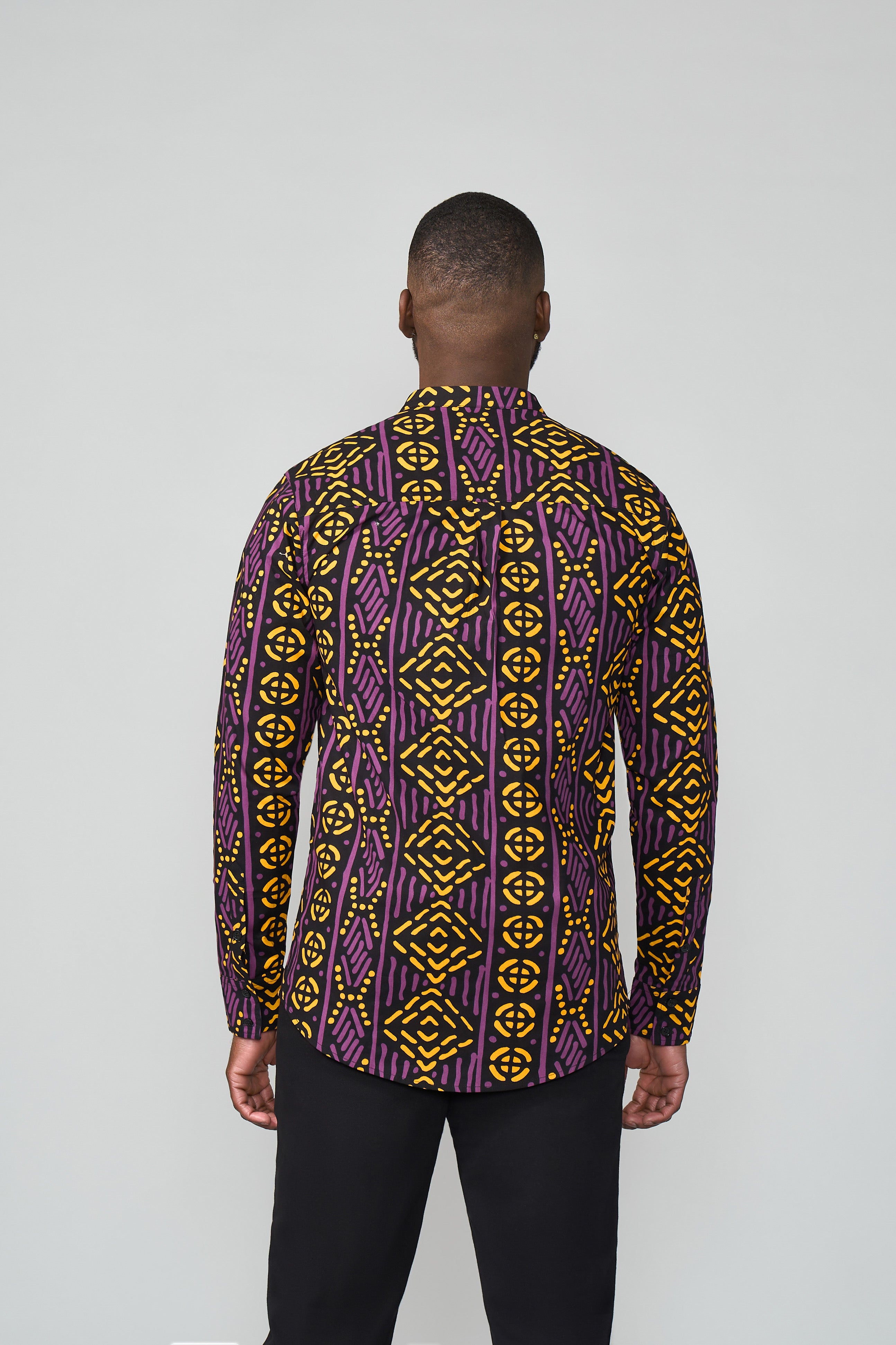 Jamal Men's African Print Mandarin Shirt (Gold Purple Mudcloth)