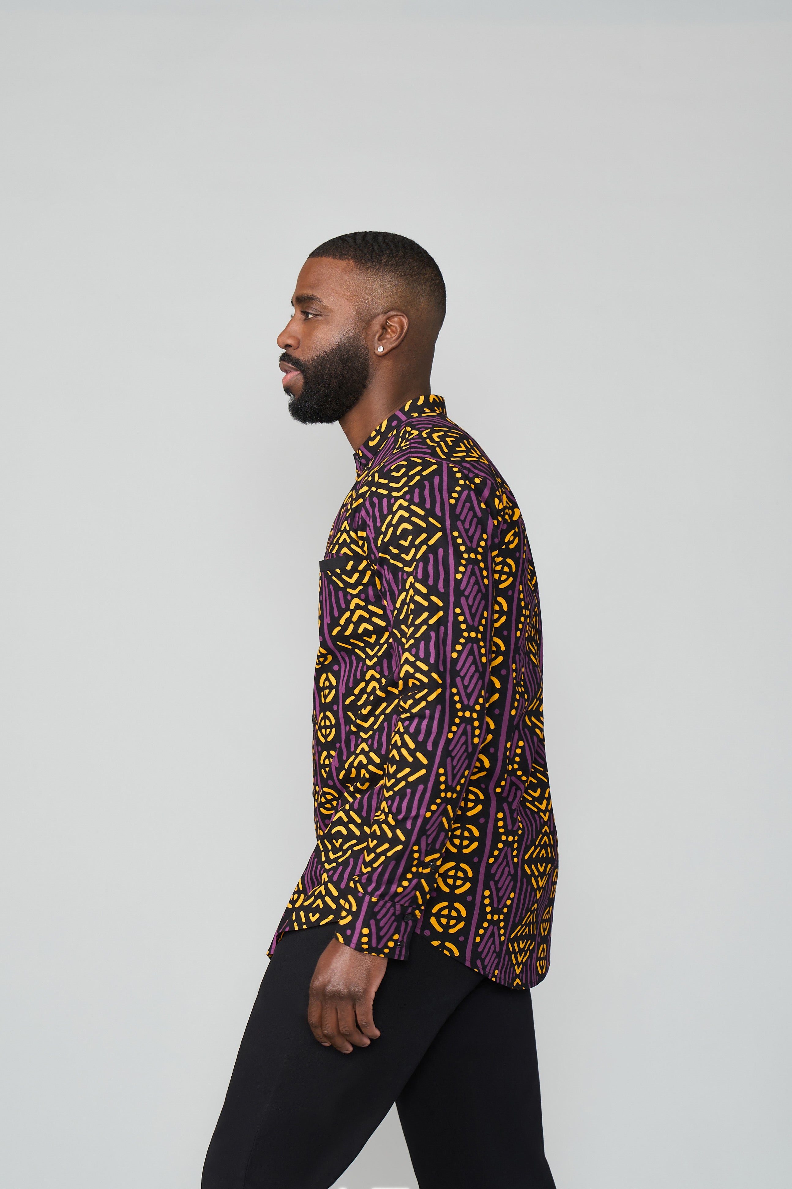 Jamal Men's African Print Mandarin Shirt (Gold Purple Mudcloth)