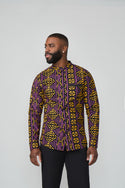 Jamal Men's African Print Mandarin Shirt (Gold Purple Mudcloth)