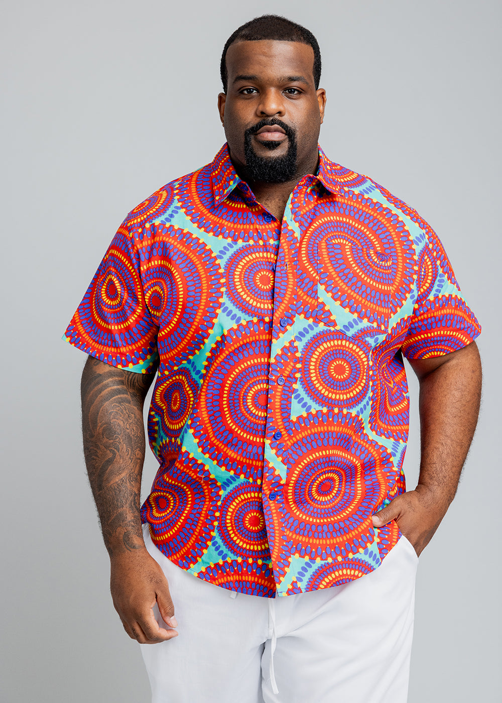 Keyon Men's African Print Button-Up Shirt (Turquoise Red Circles) - Clearance