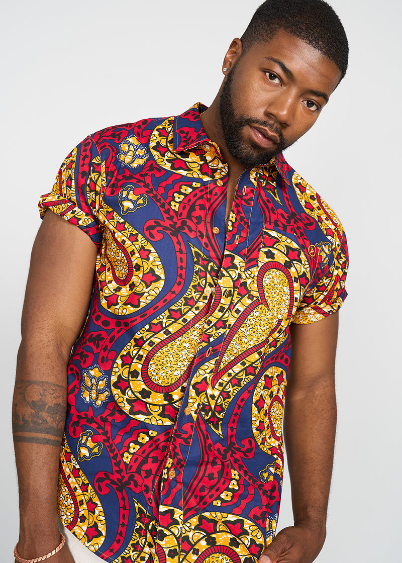 Keyon Men's African Print Button-up Shirt (Gold Navy Paisley)
