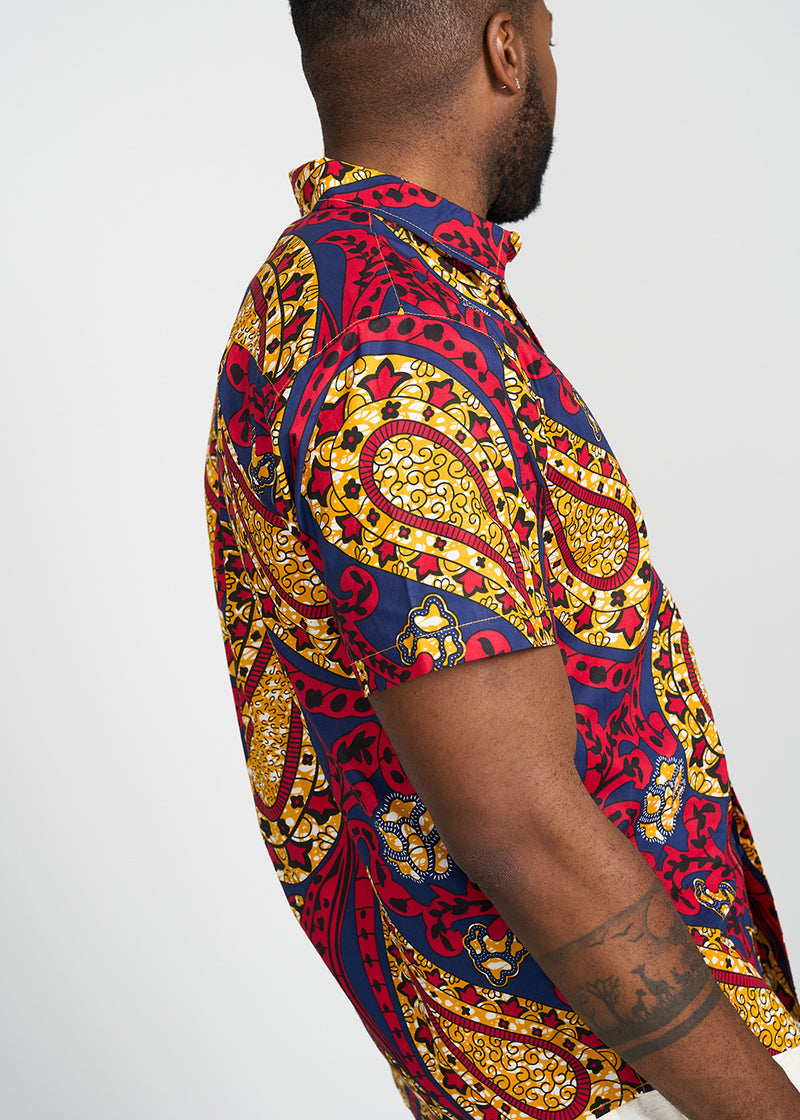 Keyon Men's African Print Button-up Shirt (Gold Navy Paisley)