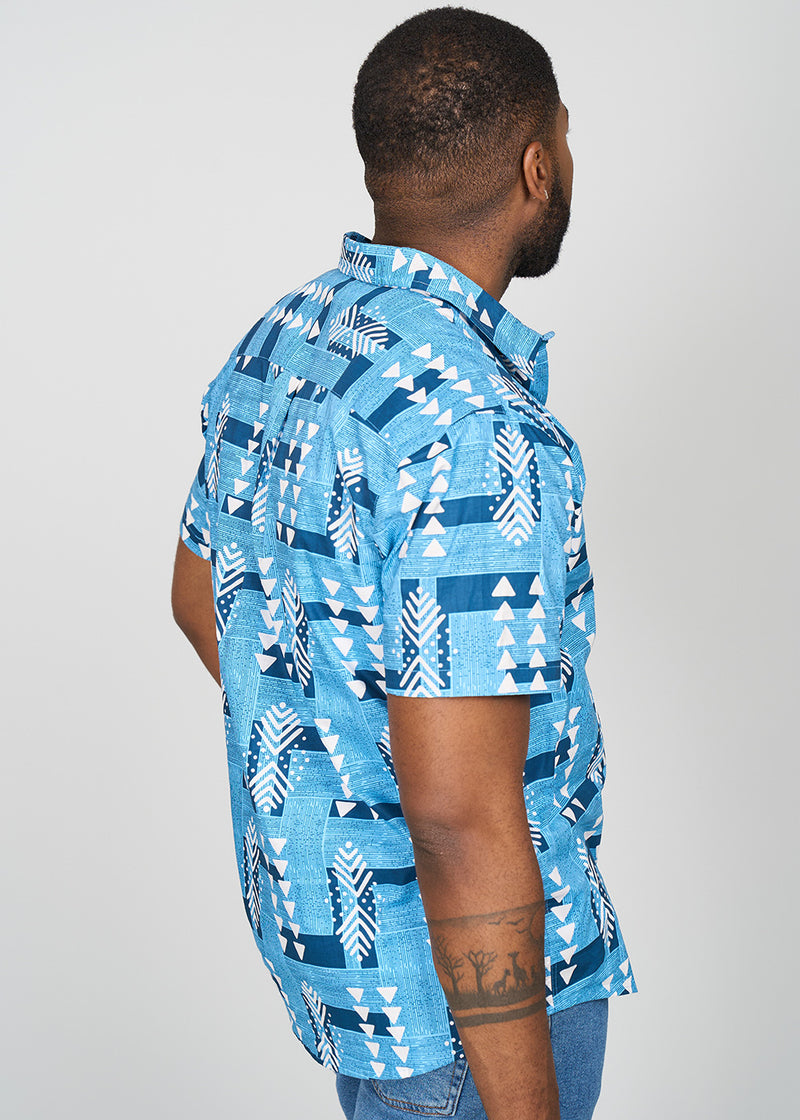 Keyon Men's African Print Button-up Shirt (Navy White Mudcloth)