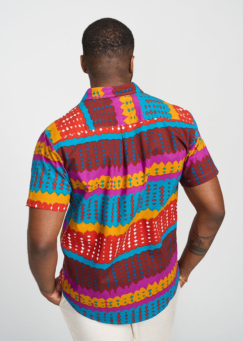 Keyon Men's African Print Button-up Shirt (Orange Teal Adire)