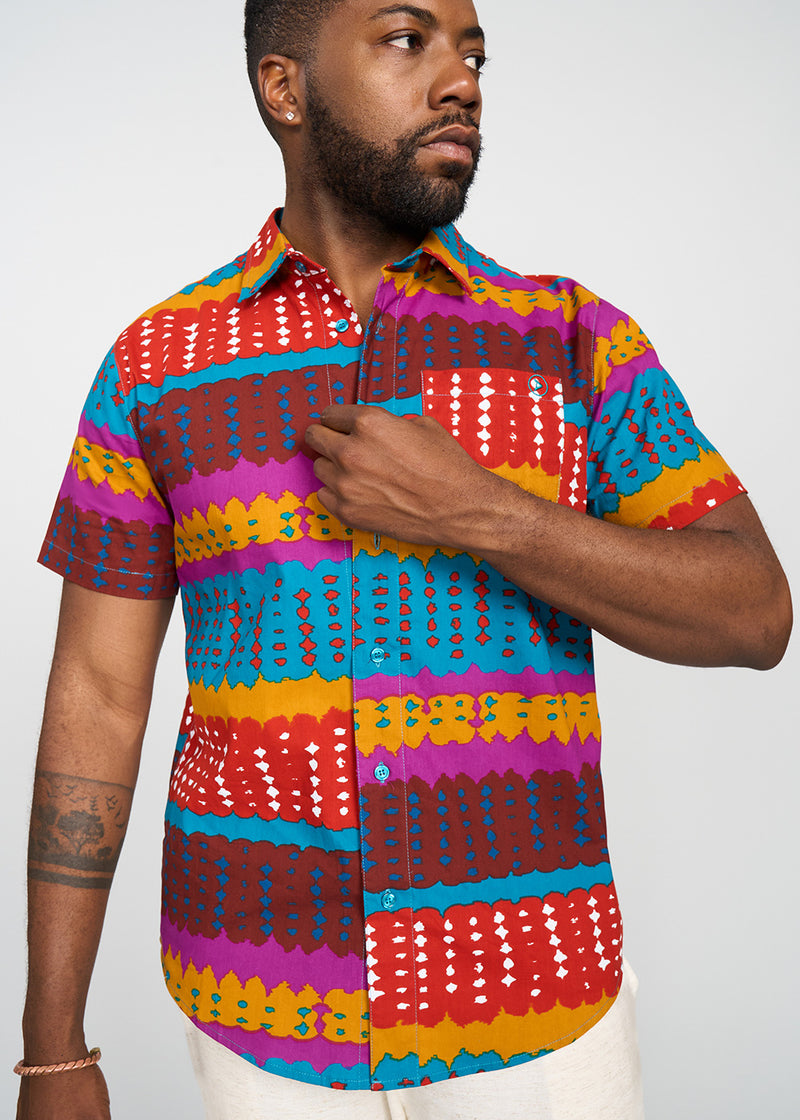 Keyon Men's African Print Button-up Shirt (Orange Teal Adire)