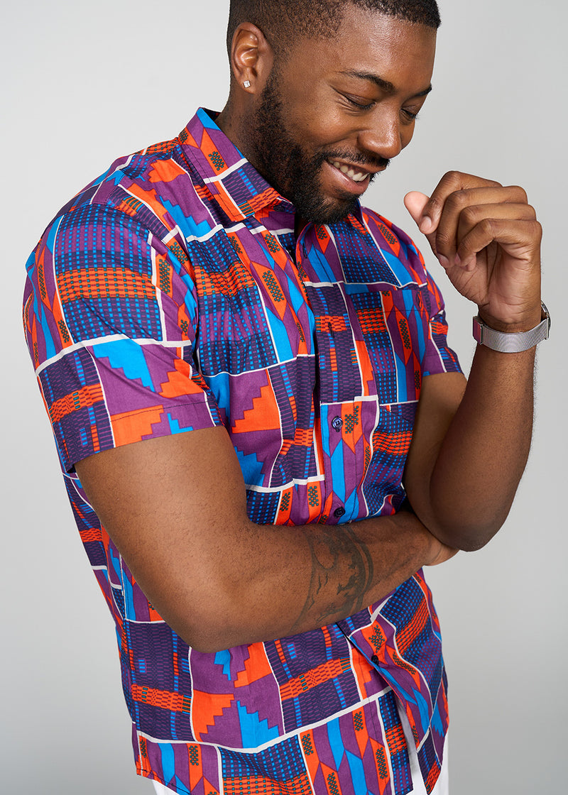 Keyon Men's African Print Button-up Shirt (Purple Navy Kente)