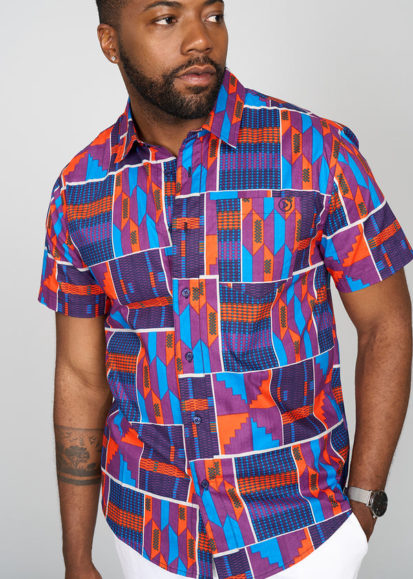 Keyon Men's African Print Button-up Shirt (Purple Navy Kente)