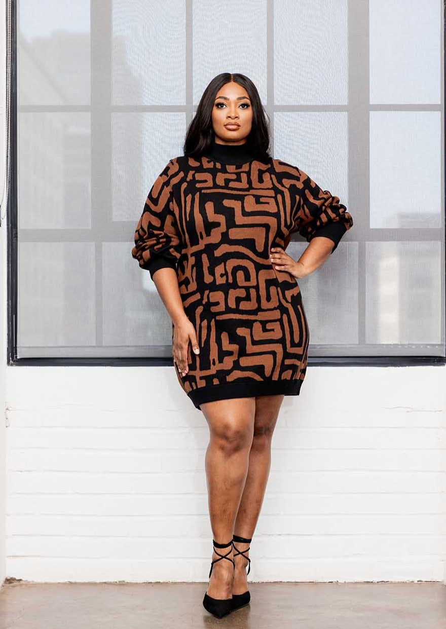 Keziah Women's African Print Sweater Dress (Espresso Geometric)