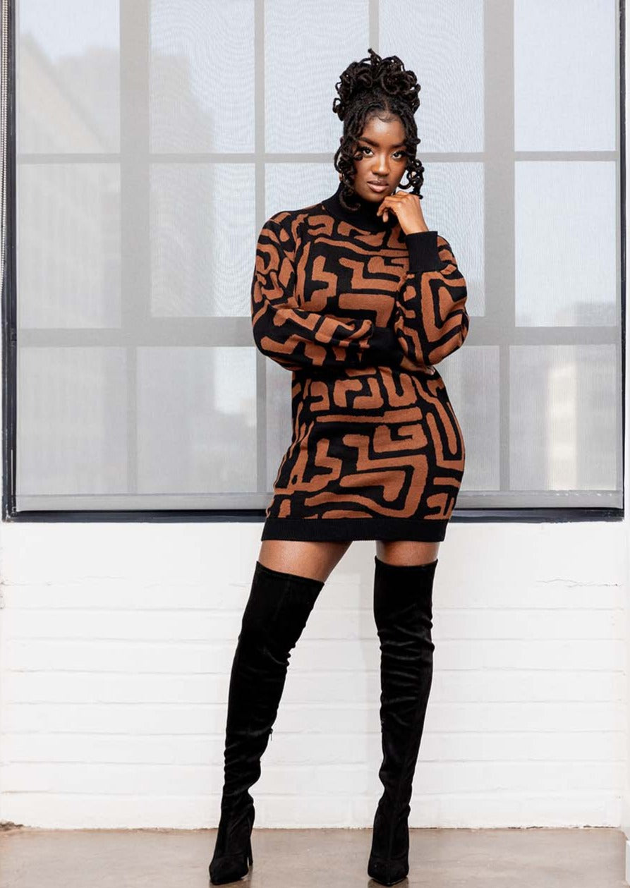 Keziah Women's African Print Sweater Dress (Espresso Geometric)