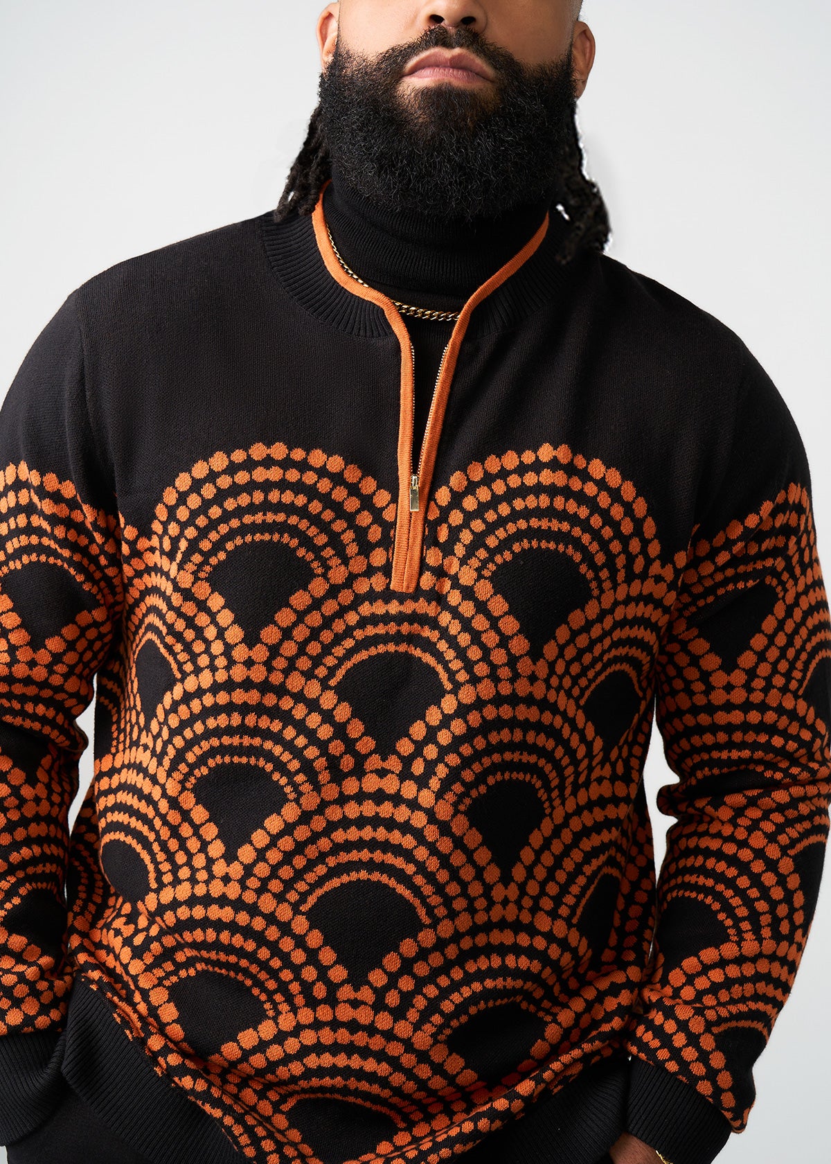 Kibo Men's African Print Quarter-Zip Sweater (Black Amber Dots)