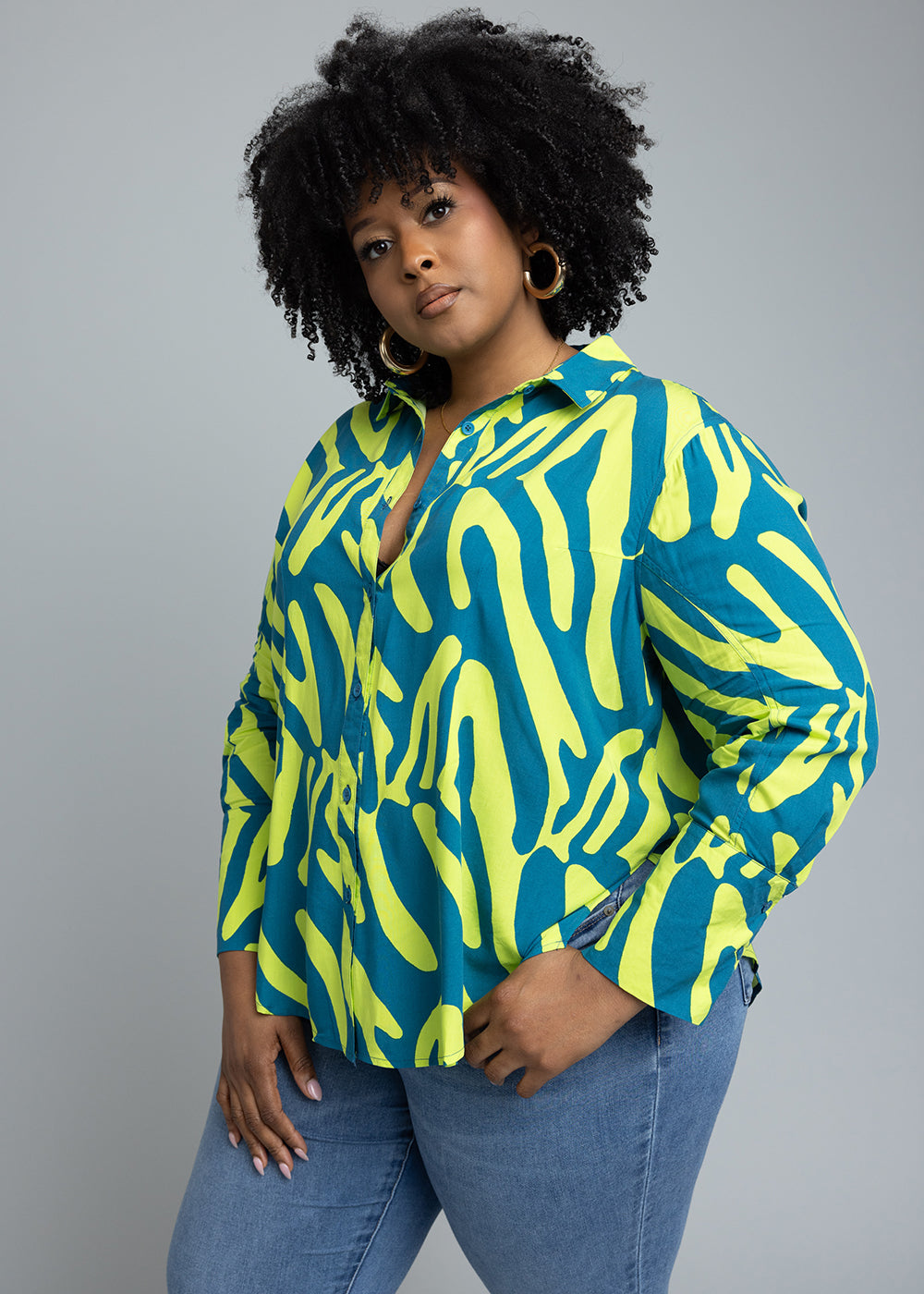 Kwamena Women's African Print Button-Up Shirt (Lime Zebra Abstract)