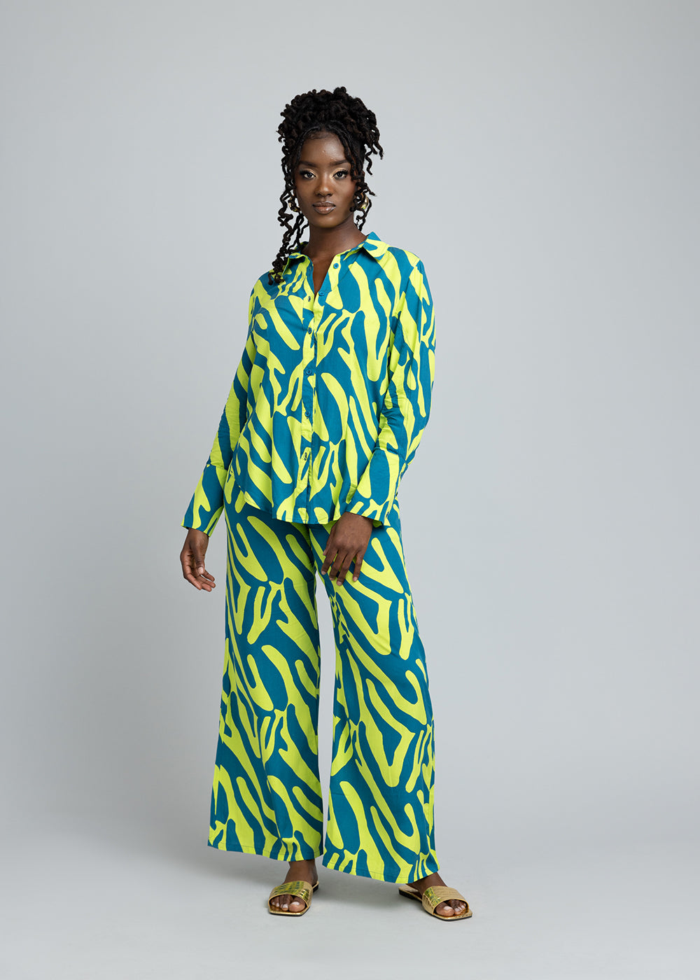 Kwamena Women's African Print Button-Up Shirt (Lime Zebra Abstract)