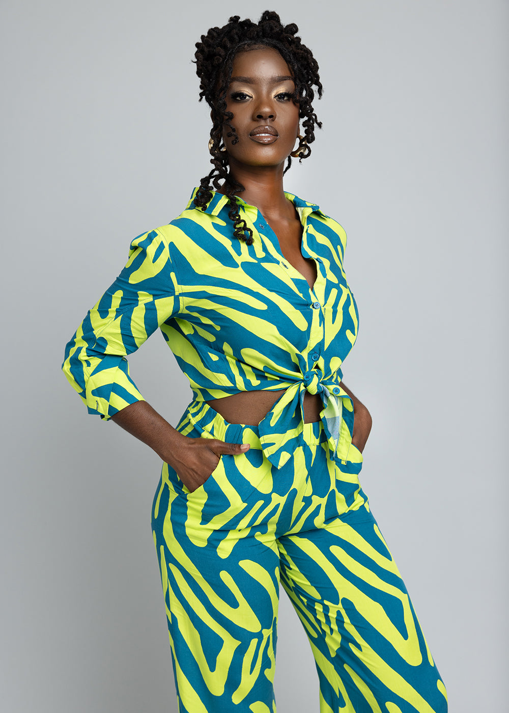 Kwamena Women's African Print Button-Up Shirt (Lime Zebra Abstract)