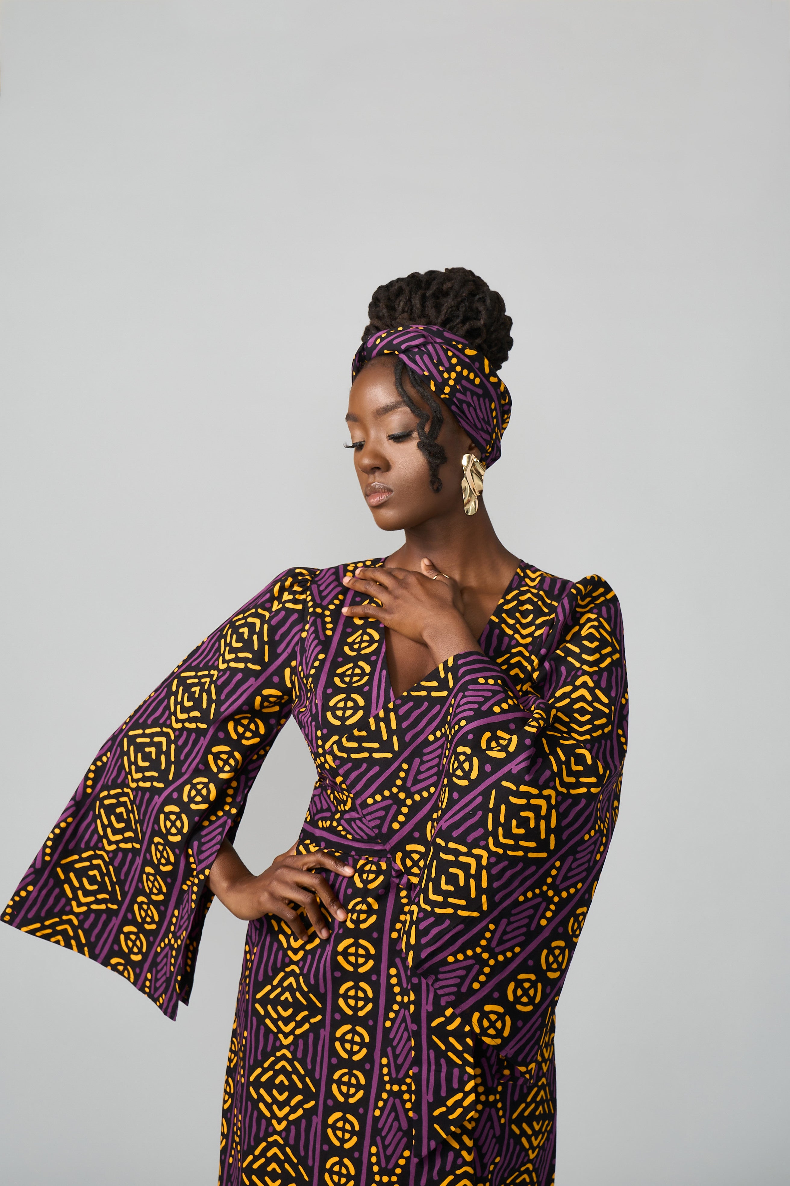 African Print Headwrap/Scarf (Gold Purple Mudcloth)