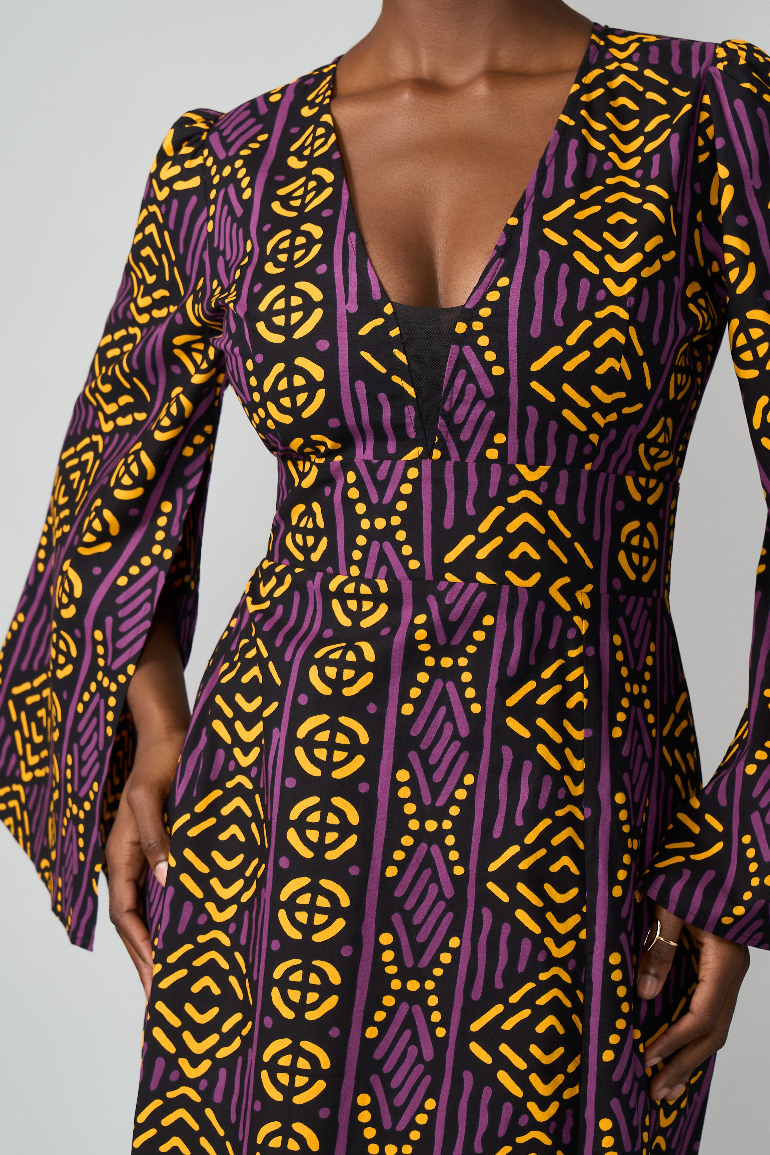 Liya Women's African Print Maxi Dress (Gold Purple Mudcloth)