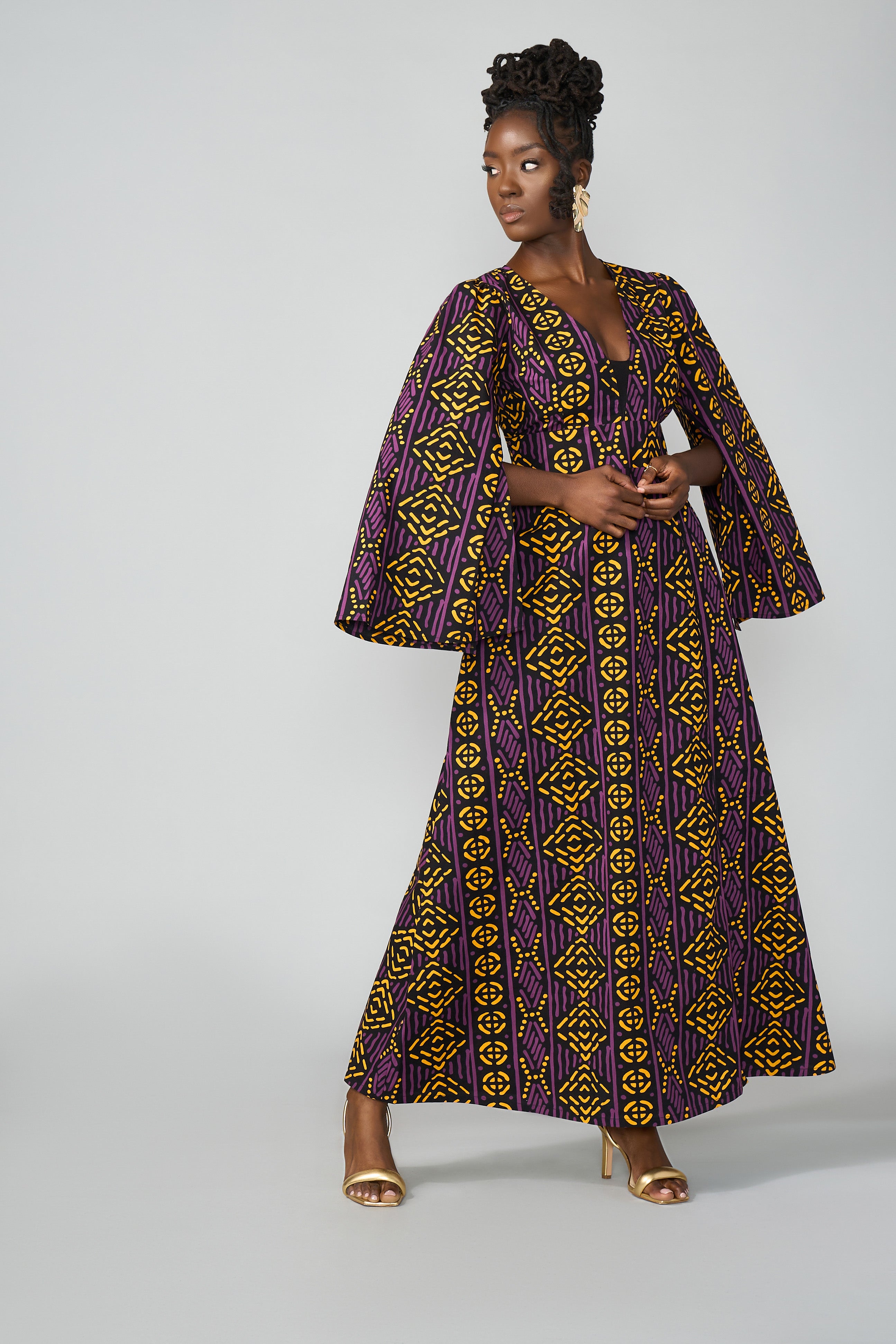 Liya Women's African Print Maxi Dress (Gold Purple Mudcloth)