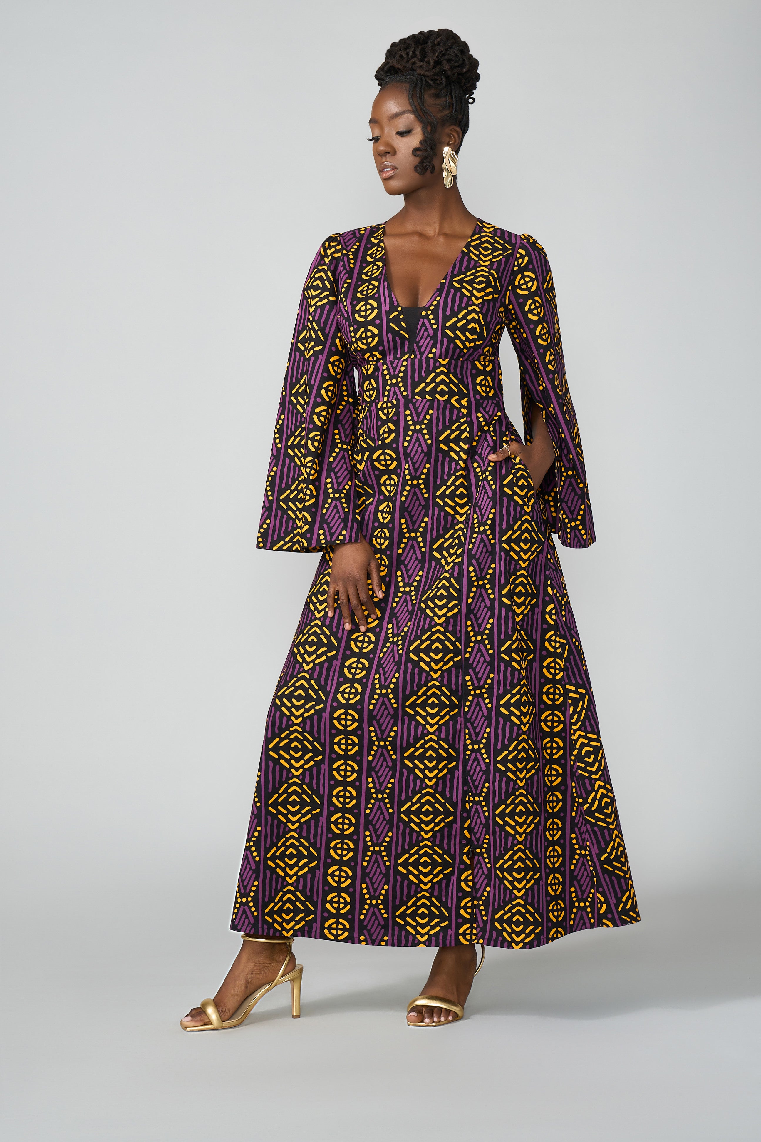 Liya Women's African Print Maxi Dress (Gold Purple Mudcloth)