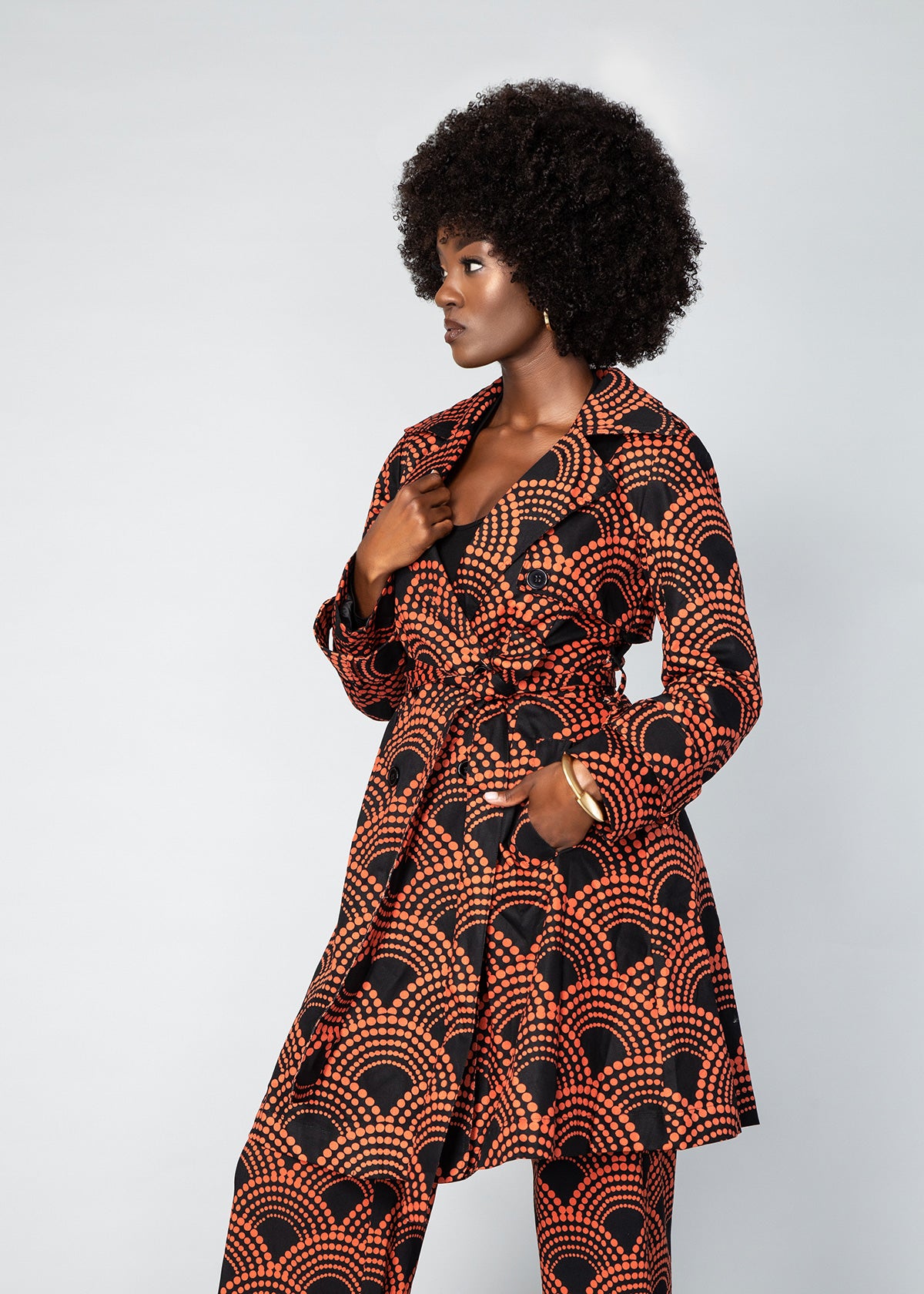 Tiasale Women's African Print Utility Trench Coat (Black Amber Dots)