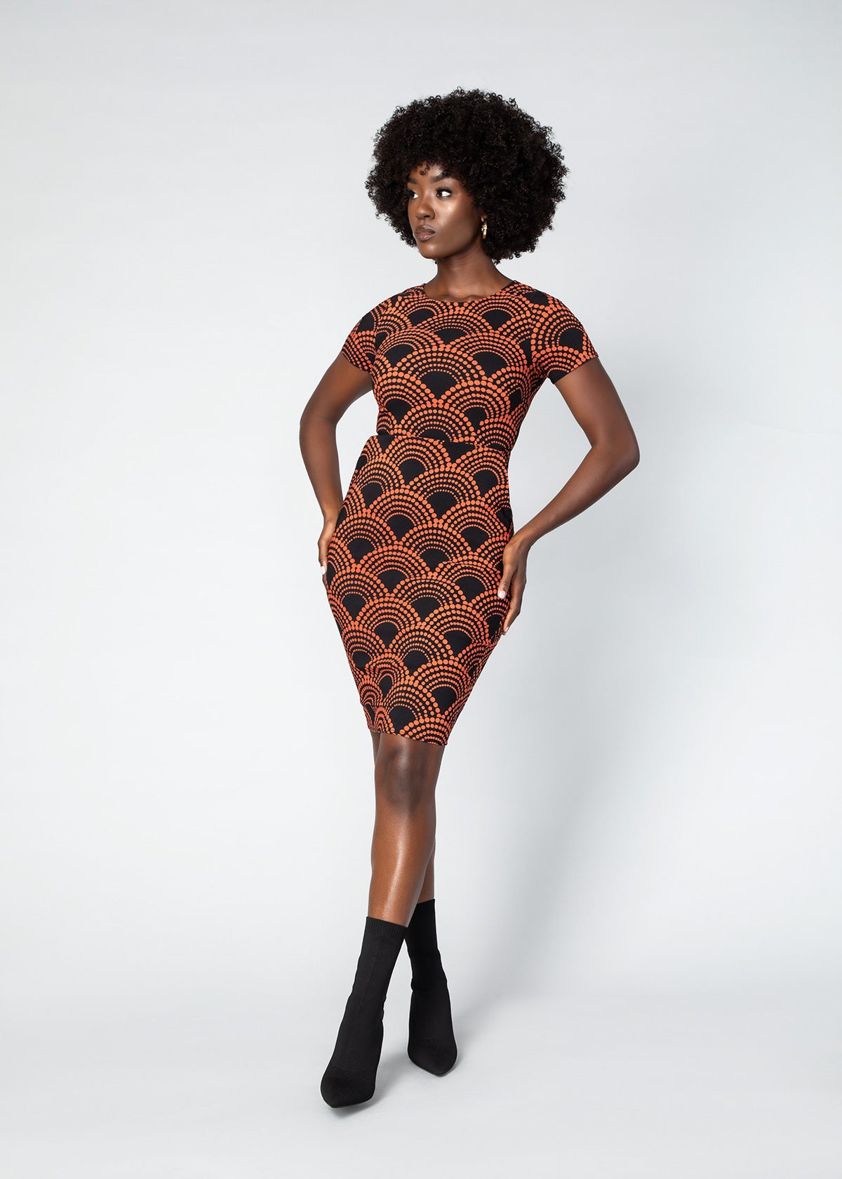 Sabella Women's African Print Stretch Dress (Black Amber Dots)