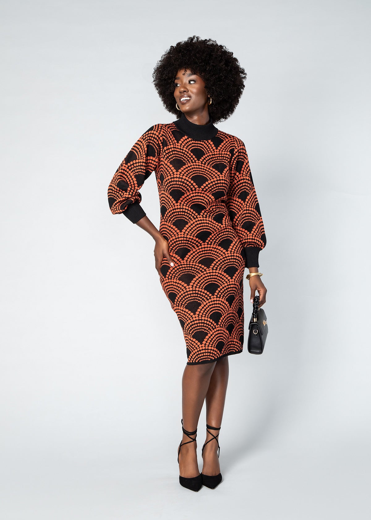 Zania Women's African Print Sweater Dress (Black Amber Dots)