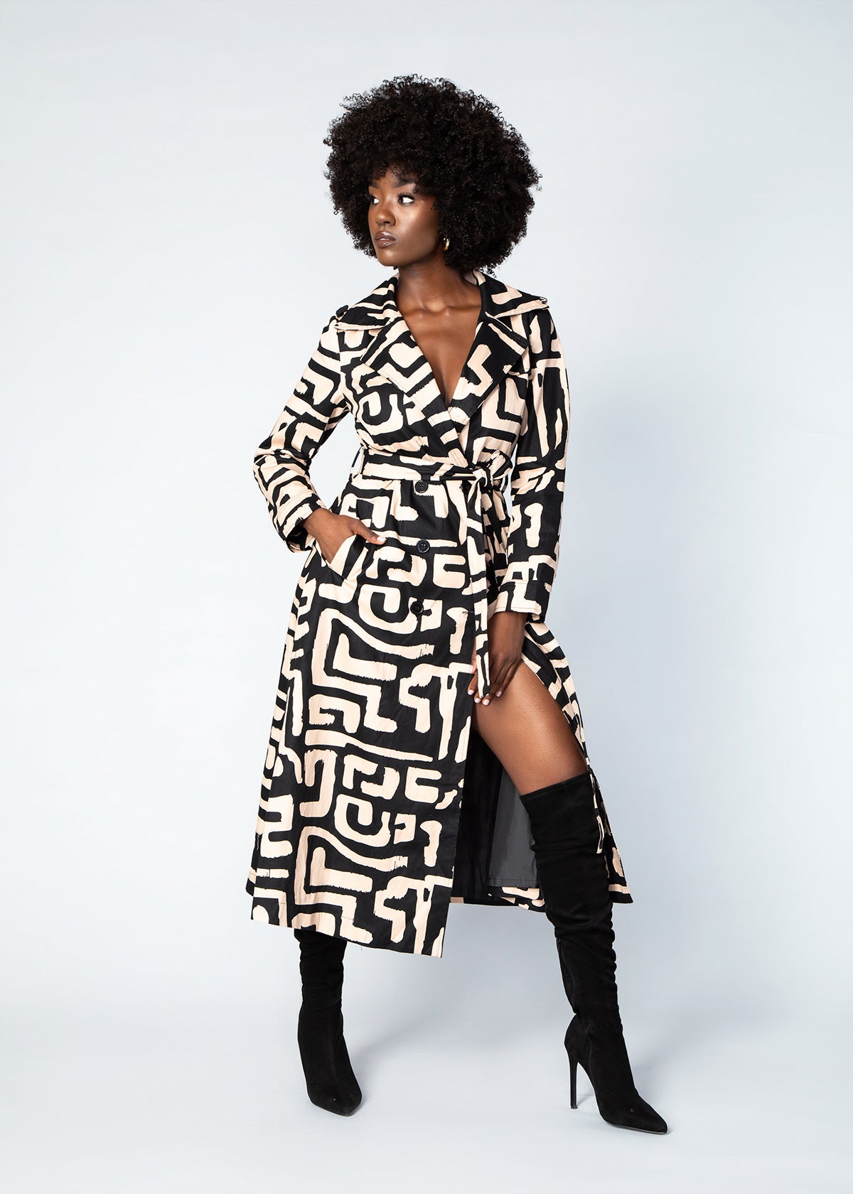 Maizah Women's African Print Maxi Trench Coat (Black Tan Geometric)