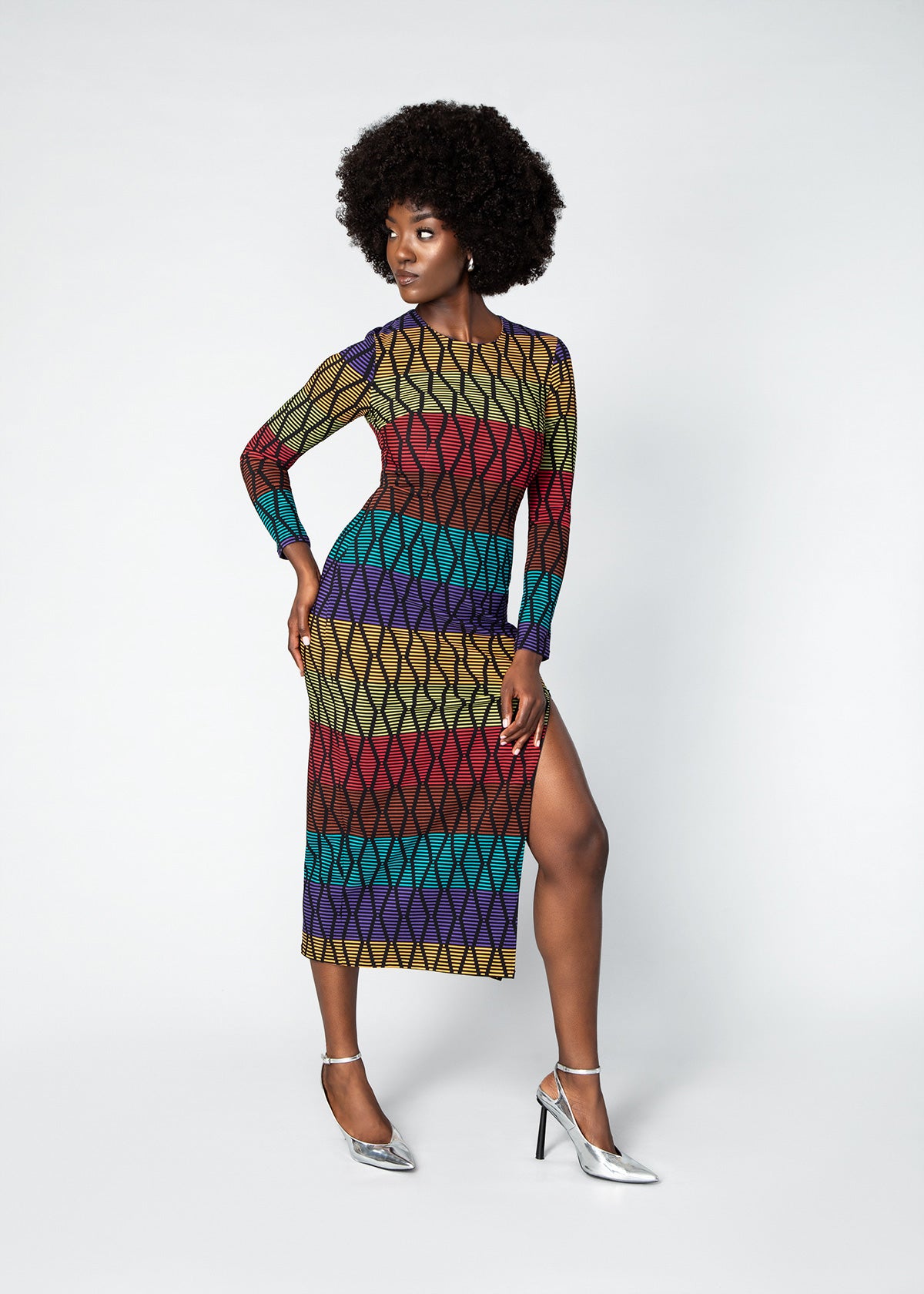 Chidima Women's African Print Stretch Tunic (Rainbow Diamond Stripes)