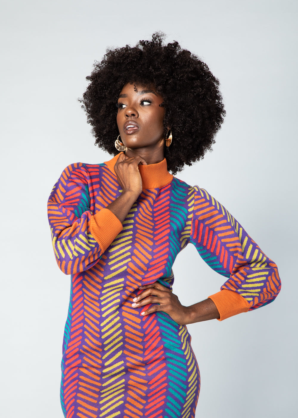 Zania Women's African Print Sweater Dress (Rainbow Tribal Lines)