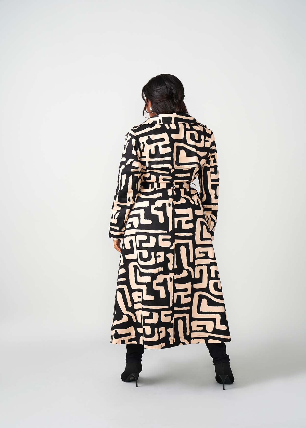 Maizah Women's African Print Maxi Trench Coat (Black Tan Geometric)