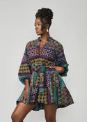 Malia Women's African Dress (Teal Maroon Multipattern)