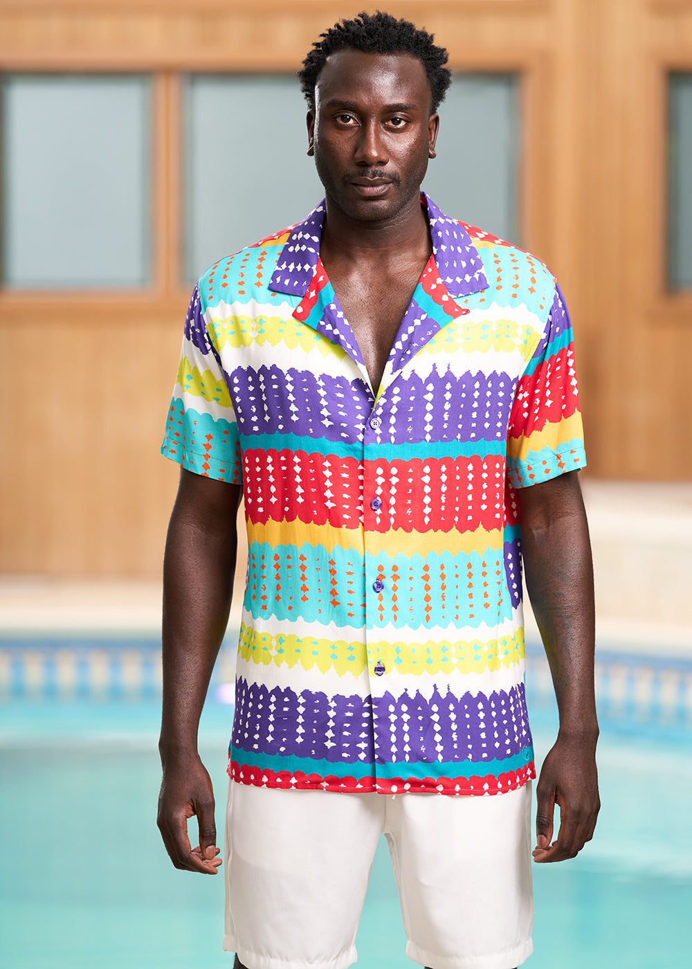 Malik Men's African Print Lightweight Button-Up Shirt (Rainbow Punch Adire) - Clearance