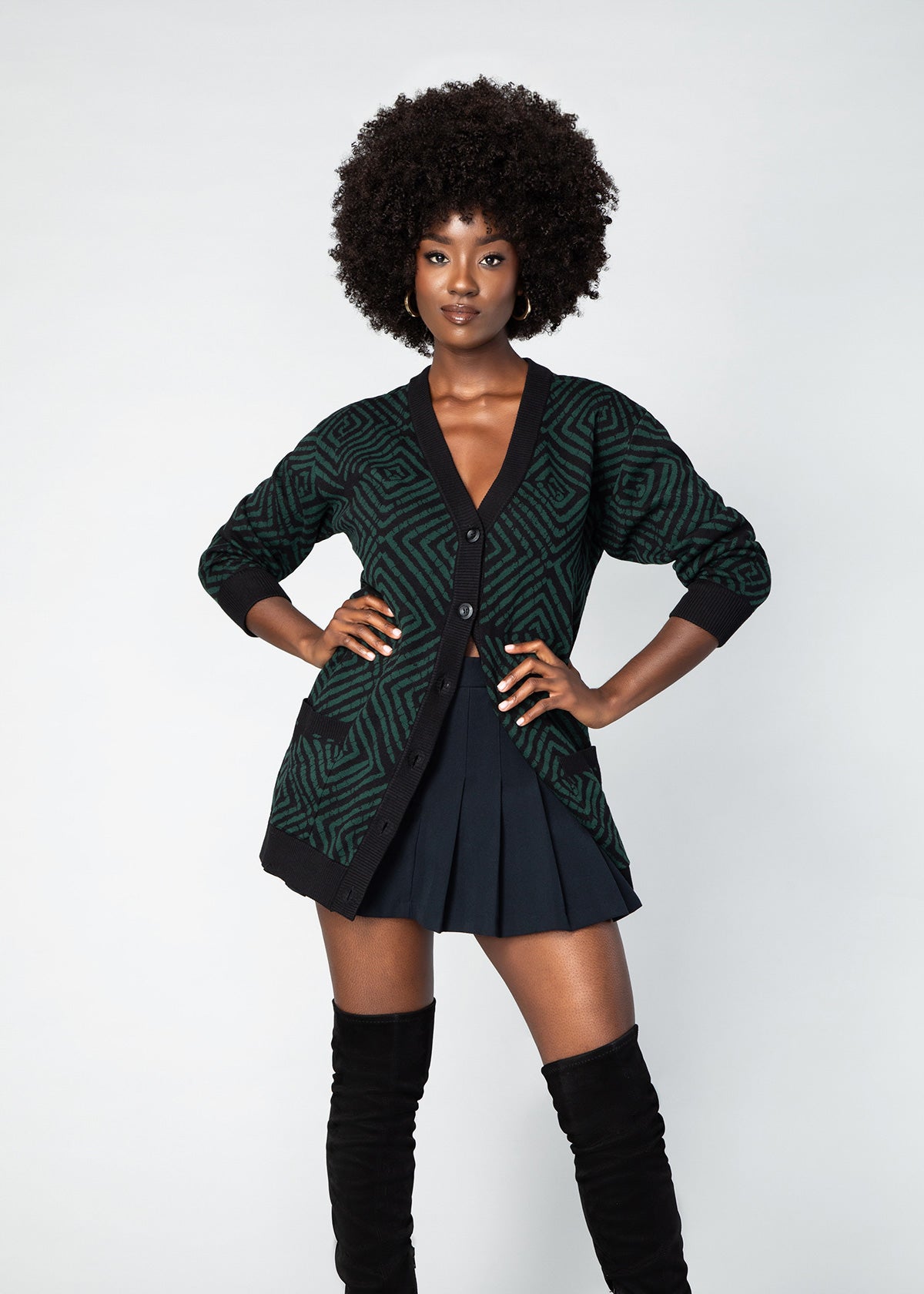 Mansa Women's African Print Oversized Cardigan (Malachite Diamond Adire)