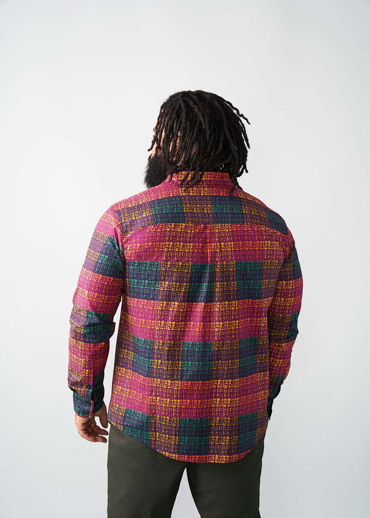 Mazi Men's African Print Button-up Shirt (Harvest Plaid Adire)